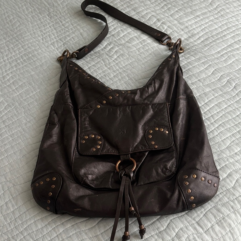 Vintage 1990’s Soft, Black Leather Shoulder Bag Metal Studs Made in Argentina